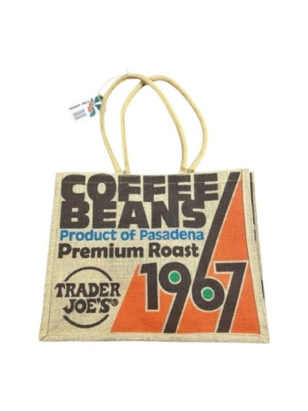 Trader Joe's Stylish Burlap Coffee Beans Tote, Tan and Orange, “1967” NWT - Picture 3 of 5